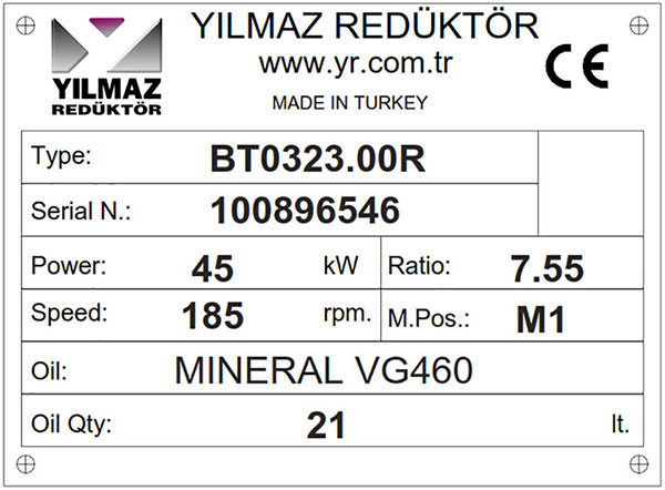 پلاک نام گیربکس صنعتی Yilmaz سری B