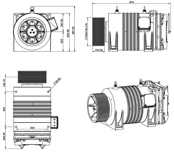 ابعاد موتور گیرلس آسانسور آکیش AK2-6 (میلی متر)