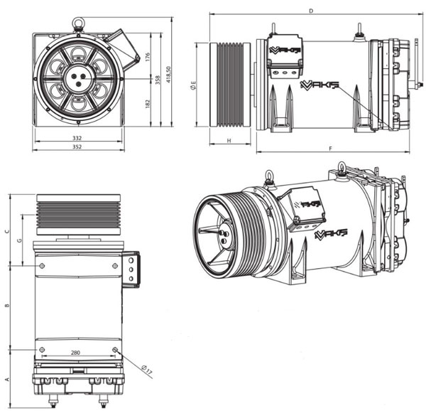 ابعاد موتور گیرلس آسانسور آکیش AK5 (میلی متر)