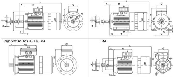 مشخصات ابعادی االکتروموتور سه فاز کوئل سری F