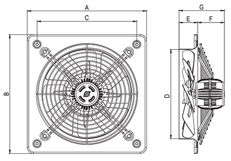 ابعاد فن خارجی الکتروموتور VIA تکفاز فلزی با پروانه فلزی