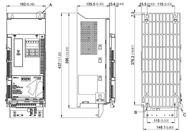 ابعاد درایو آسانسوری Gefran ADL300  فریم سایز 2