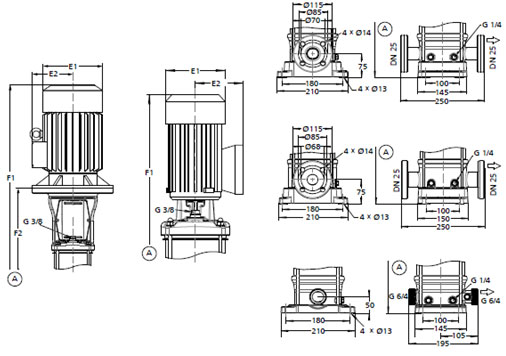 ابعاد مدل پمپ طبقاتی KSB Movitec 2(L)B، 2900 rpm
