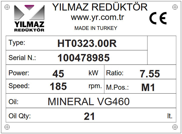 پلاک نام گیربکس صنعتی افقی Yilmaz سری H